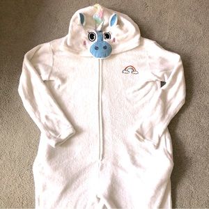 Cute adult size unicorn zipped up PJ onesie. Soft and warm